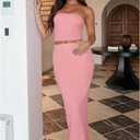 Two Piece Skirt Outfits for Women Sleeveless Tube Tops Bodycon Sexy Maxi Dress 2 Piece Summer Y2K Vacation Set (Pink)