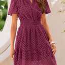 PRETTYGARDEN Womens 2026 Summer Short Dress V Neck Short Sleeve A Line Hollow Out Lace Cute Casual Beach Party Spring Dresses (S)