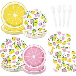 96 Pcs Lemon Party Decorations Pink and Yellow Lemon Plates and Napkins Disposable Summer Fruit Theme Tableware Set for Wedding Birthday Baby Shower Bridal Shower Party Supplies Serves 24