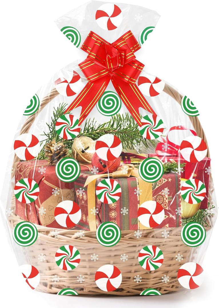 2 x 15 Sets Large Christmas Cellophane Bags(20x28 Inch) with Pull Bows Gingerbread Candy Xmas Gift Goodie Basket Stocking Stuffers Wrap Holiday Christmas Birthday Party Decorations Favors Supplies Baggies