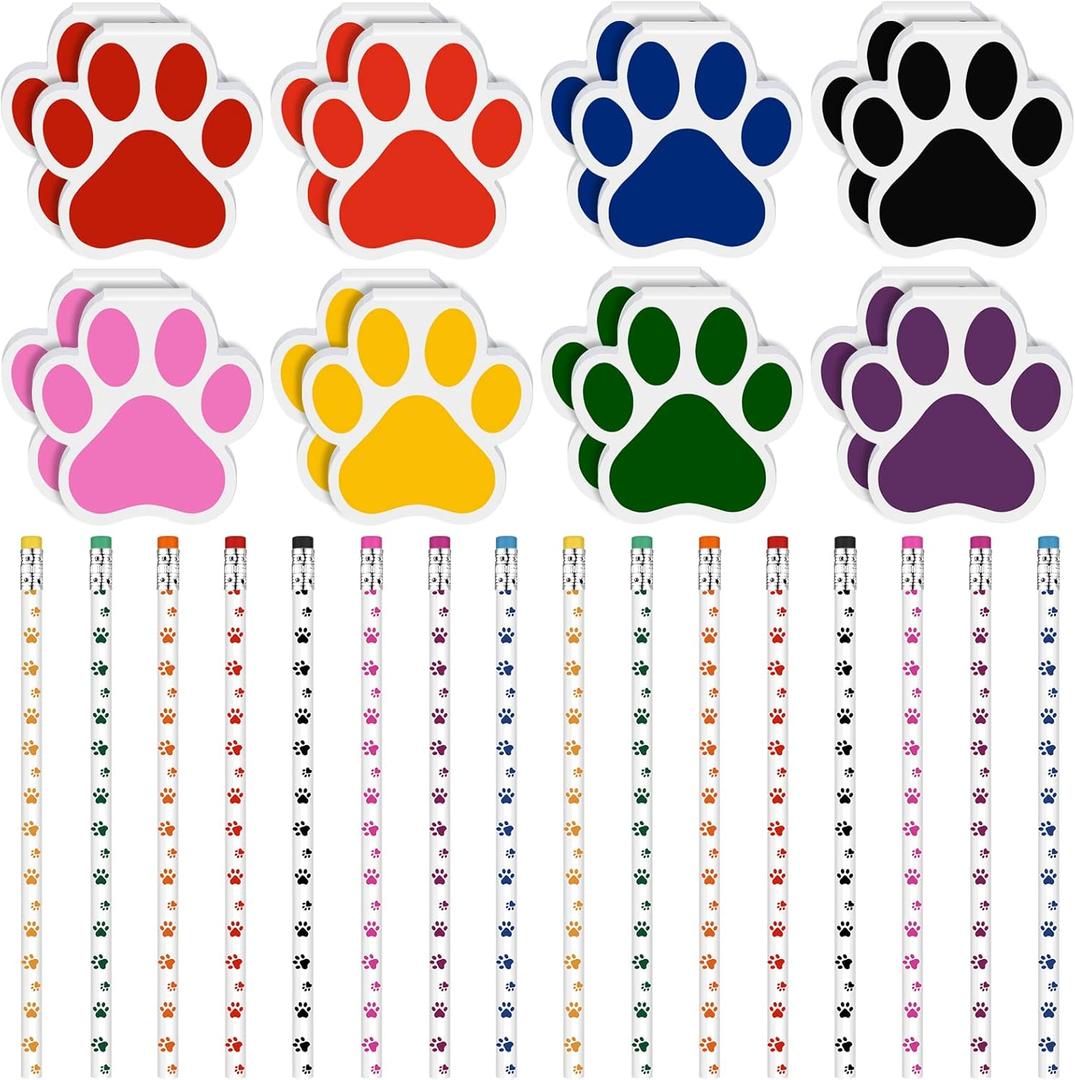 32 Pcs Party Favors Kids Stationery Include 8 Colors Paw Print Pencil and Notpads Colorful Wooden Writing Pencils and Small Notebooks for Birthday Gifts Classroom Supplies