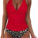 SUUKSESS Women Sexy Halter Tankini Bathing Suits Slimming Tummy Control High Waisted Swimsuits 2 Piece (Medium, 06 Red Leopard)