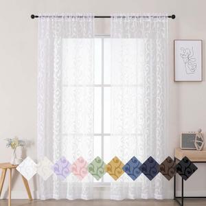 White Sheer Curtains 84 Inches Long 2 Panels Set for Bedroom Living Room, Soft Solid Airy Elegant Geometric Jacquard Clip Light Filtering Curtains Drapes, White, 2Pcs Total Wide 84" Inch