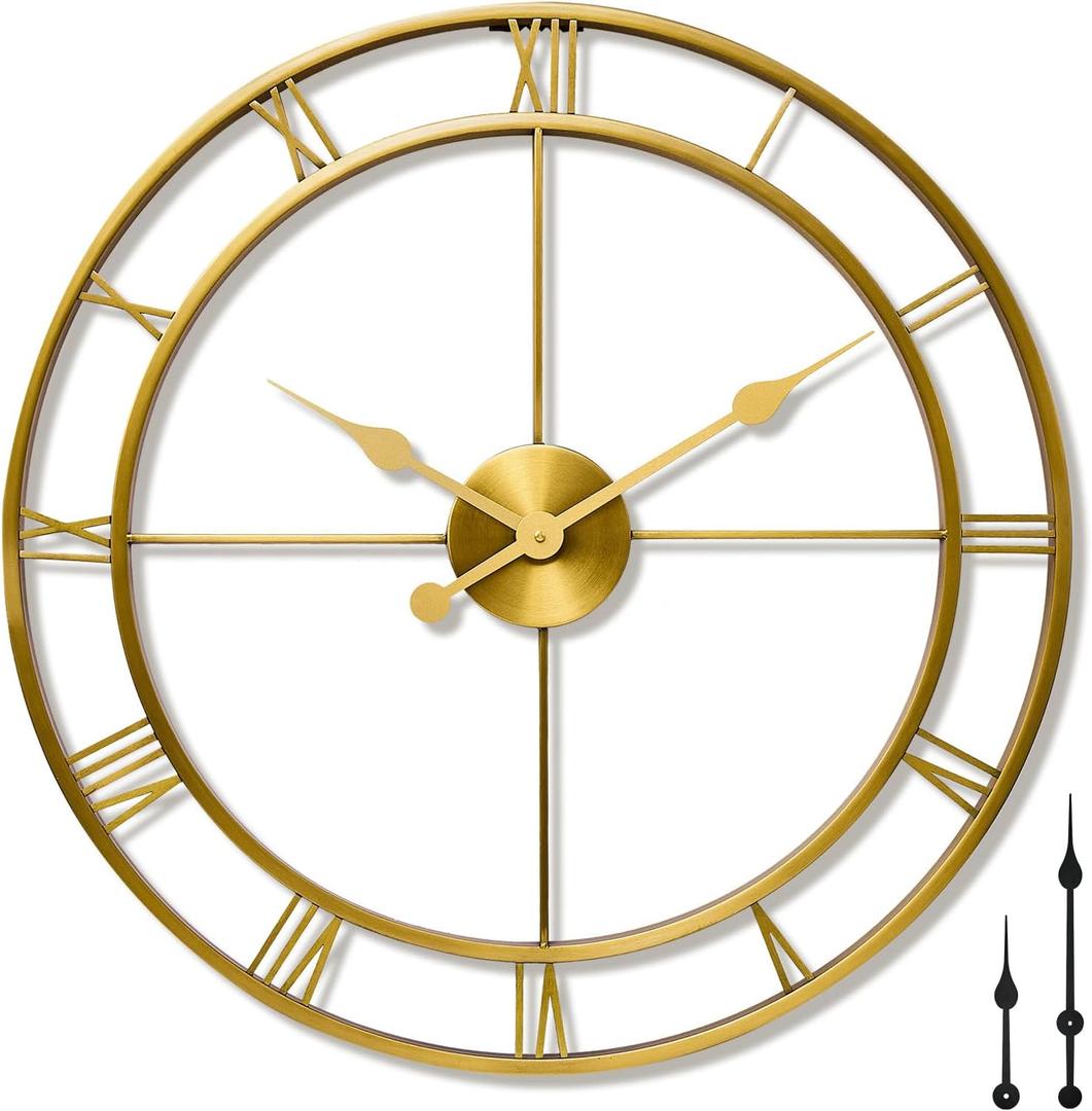 ANDY STAR Large Wall Clocks for Living Room Decor, 24" Big Metal Silent Clocks Battery Operated, Modern Oversized Gold Round Wall Clock, Non-Ticking, Roman Numerals Vintage Industrial Decorative