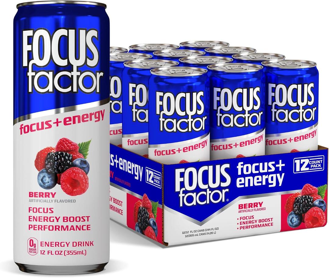 FOCUS FACTOR Energy Drink - 12 x 355ml Cans (Fruit Punch Flavour) - with Focus + Energy - Lightly Carbonated, Sugar Free, Low Calorie with Vitamin B6 & Vitamin B12