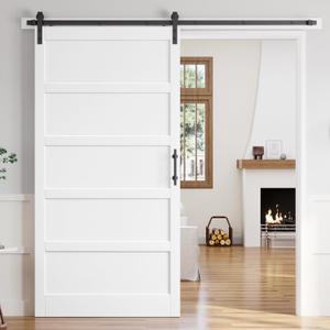 48x96 Inch White Sliding Barn Door Slab with 8ft Hardware Kit Included, 5-Panel, MDF Wood Panel Covered with Water-Proof Scratch-Proof PVC Surface, Simple DIY Assembly