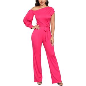 DeftSharp 2025 Women's Sexy Cocktail Party Clubwear Casual Working Rompers Club Back Zip Belt Long Jumpsuit (X-Large, 207rose)