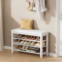 Entryway Shoe Storage Bench with Leather Cushion, Shoe Organizer Bench for Entryway, Ideal for Hallways Front Doors Entrances Mudrooms Featuring Rubberwood And 3 Height-Adjustable & Removable Shelve, White