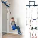 Gym1 6-Piece Doorway Gym for Kids - Includes Door Sensory Swing Indoor Pull-Up Bar for Adults, Rings, Hanging Trapeze, Ladder & Knotted Rope, Holds Up to 300 Lbs - Pull Up Bar for Doorway (Blue)