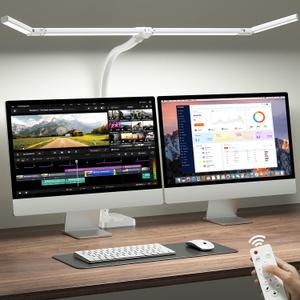 ONEMIX 42" LED Desk Lamp for Home Office, Eye-Caring Desk Light with Adjustable 4-Segment Bar, 1800LM Bright, Remote, Architect Table Lamp with Base for Dual Monitors, Reading, Study, Workbench(White)