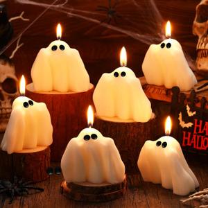 2 x 6 Pieces Halloween Large Ghost Candles White Spooky Scented Halloween Candles Horror Gifts Candle Tea Lights Goth Room Decor for Summer Dining Table Party Bedroom(Goth Style,White)