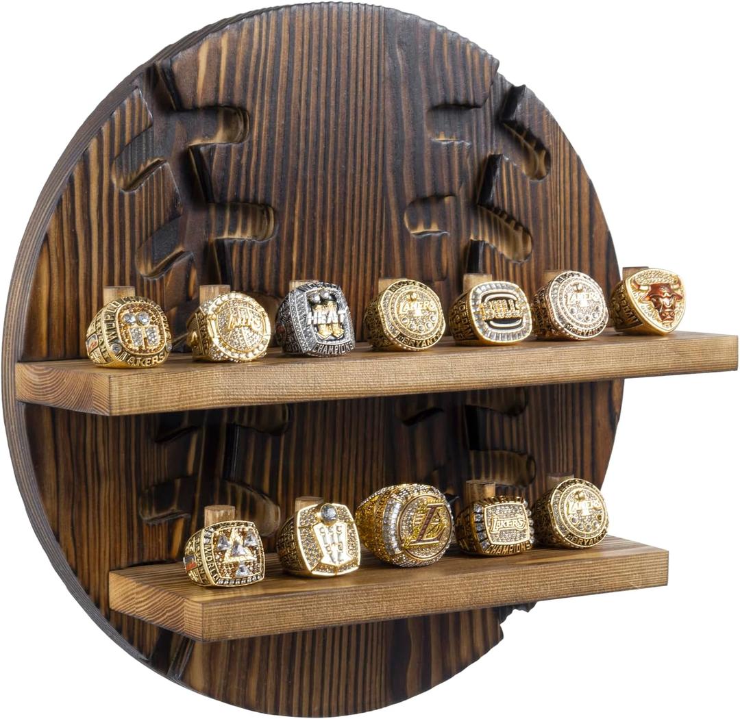 MyGift 2 Tier Championship Ring Display Case with Baseball Cutout Backing, Wall Mounted Baseball Ring Holder with 12 Pegs, Rustic Burnt Wood Baseball Decor for Rings