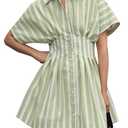 MISSACTIVER Women Pleated Button Down Shirt Dress Short Sleeve Striped Corset Mini Dresses Casual Summer Short Dress M