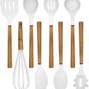 Country Kitchen Non Stick Silicone Utensil Set with Rounded Wood Handles for Cooking and Baking, 8 Piece Set, White