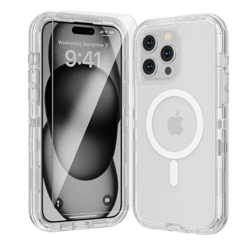 Luckwhale for iPhone 15 Pro Max Case, Fits Magsafe,Heavy Duty Shockproof Protection Phone Cases with Screen Protector*1, Magnetic Transparent Protective Cover for iPhone 15 ProMax 6.7 '', Clear
