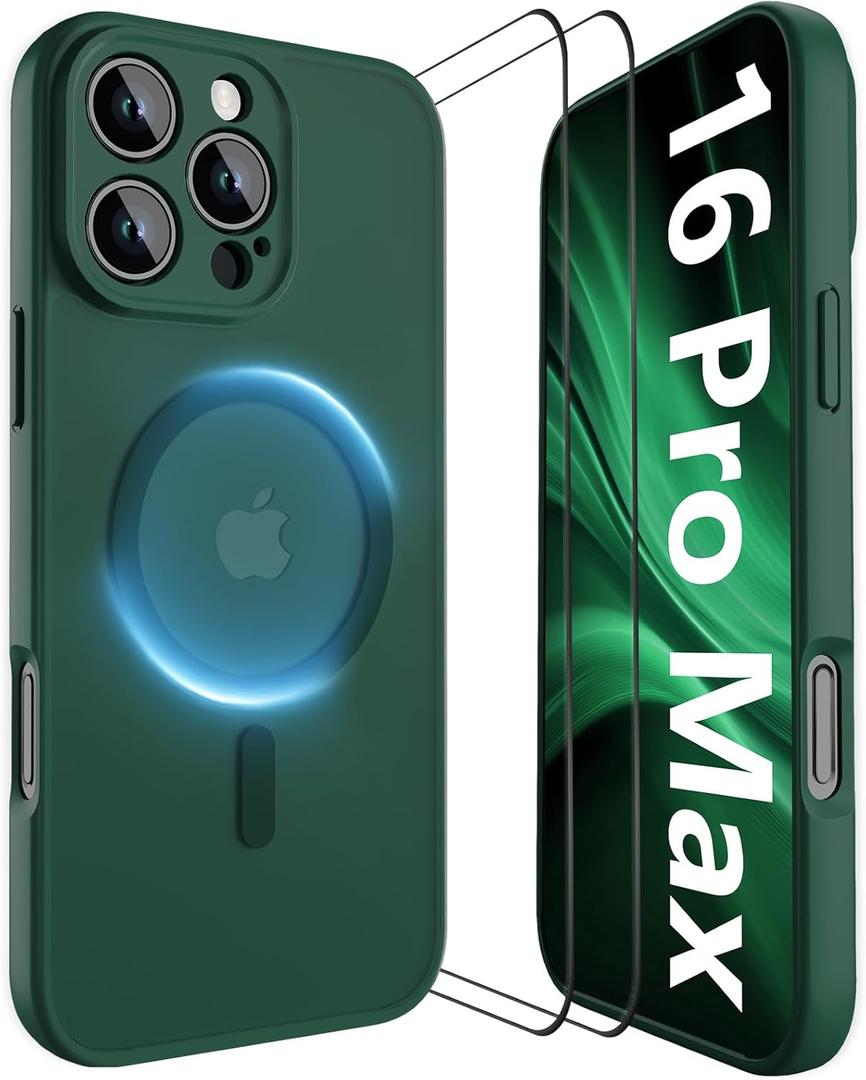 YFEMLAZ Magnetic for iPhone 16 Pro Max Case,with Screen Protectors X2,Full Camera Protection,Compatible with MagSafe,Translucent Matte,Anti-FingerprintShockproof Protective Phone Case,6.9",Green