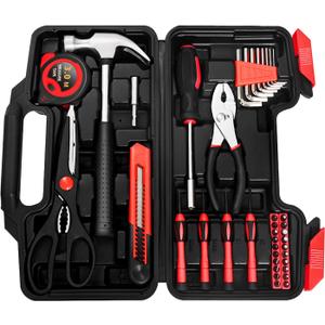 39 Piece Home Tool Kit General Household Hand Tool Set small tool box with Toolbox Storage Case for Everyday Home Repairs, Mini Tool kit for Women, (Red)