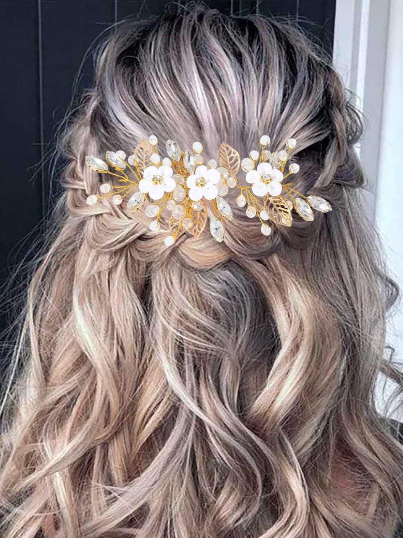 Unicra Silver Flower Bride Wedding Hair Vine Leaf Bridal Hair Piece Rhinestone Hair Accessories Beaded Headpieces Jewelry for Women and Girls (Gold)