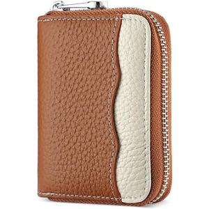 Linno RFID 20 Slots Credit Card Holder Genuine Leather Small Wallet for Women or Men with Zipper (New Brown)