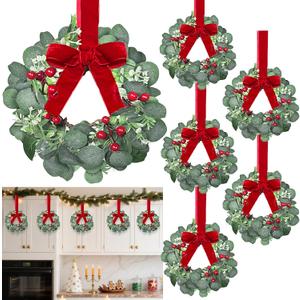 6 Pack 12 Inch Mini Christmas Wreath Small Christmas Kitchen Cabinet Wreaths with Red Bow Eucalyptus Leaves Flowering Boxwood Branches Red Berry Xmas Wreaths for Windows Door Wall Stairs Home Decor
