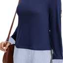 Oyamiki Women's Casual Collared Curved Hem 2 in 1 Pullover Tops Plaid Contrast Shirt Blouse (Blue, S)