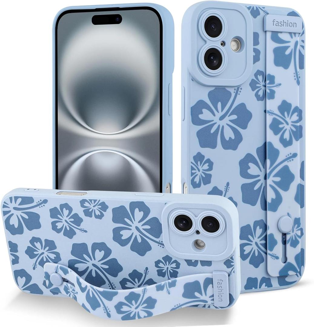 Fiyart Designed for iPhone 16 Case Cute Flowers with Strap Soft TPU Phone Cover Protective Camera Lens Protection for Women Men Floral Bumper with Stand 6.1"-Blue