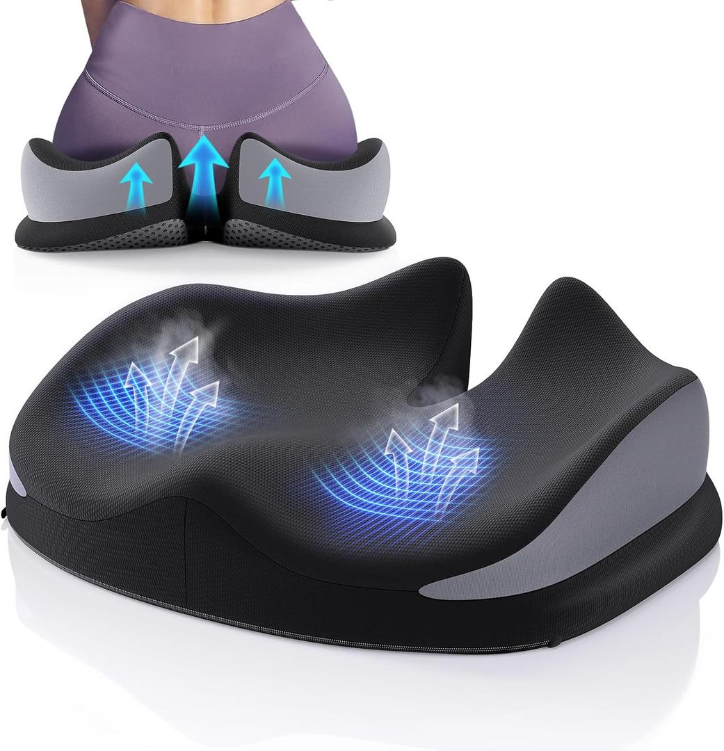 Benazcap Large Seat Cushion for Office Chair Memory Foam Coccyx Pain Relief Cushion Pillow for Back Support Non-Slip Seat Pad for Office Desk, Car Seat, Wheelchair, Sciatica (Black/Grey)