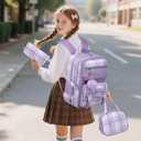 KEBEIXUAN Girls Backpack - 3PCS Cute Plaid School Bookbag Set for Ages 6-12 with Lunch Box & Pencil Case, Lightweight Multi-Pocket Daypack for Elementary, Travel (Purple)