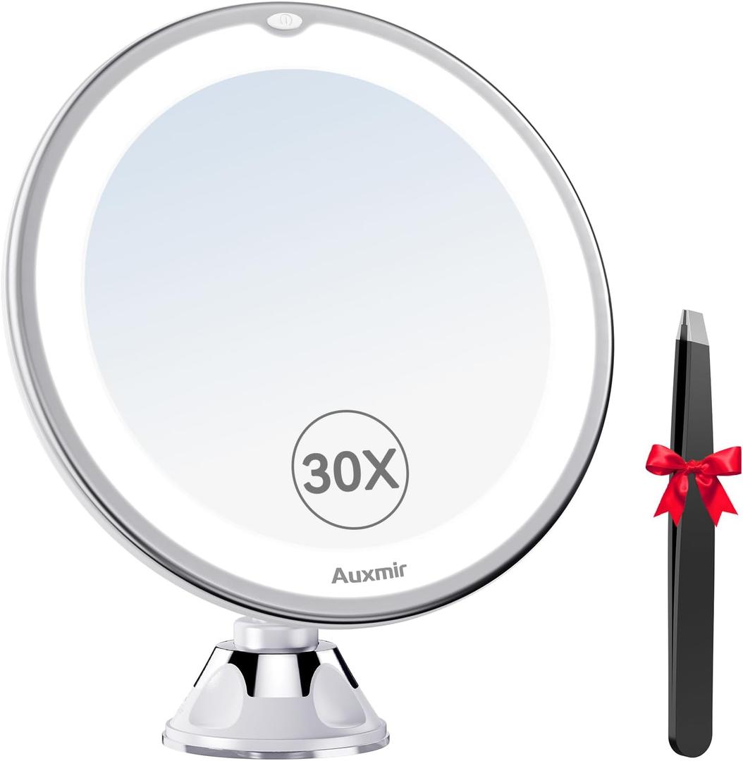 Auxmir 2026 Upgraded 30X Magnifying Mirror with Light, Makeup Mirror with 2-Level Lights, Portable Magnifying Mirror Suction Cup and Tweezers, 360 Swivel, Vanity Bathroom Mirror for Home Travel