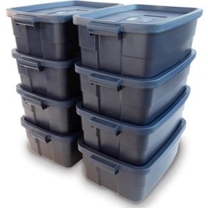 Rubbermaid Roughneck Tote 10 Gal, 8 Pack, Made in USA, Dark Indigo Metallic, Rugged Plastic Stackable Storage Bins with Lids and Handles