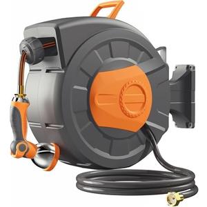 Retractable Garden Hose Reel 100ft, 1/2 inch Water Hose, Wall Mounted and 180 Deg Swivel Bracket, Slow Retraction Any Length Lock 10 Spray Nozzle