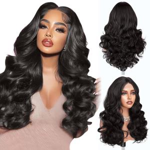 Wigs for Women, Synthetic Lace Hairline Wig, Middle Part 18 Inch Long Wavy Wig Heat Resistant Natural Hair wigs for Women for Daily Use Party - 2# Natural Black