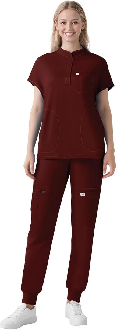 Scrubs for Women Set - Cool Stretch Scrub Top & Jogger Pants with 11 Pockets Breathable Nursing Uniform Scrub Suit (Large, Burgundy)