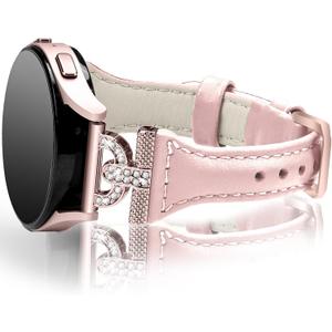 JOYOZY Genuine Leather Bands Compatible with Samsung Galaxy Watch 7/6/5/4/FE 40mm 44mm/Watch 5 Pro 45mm/Watch 6/4 Classic 42mm 46mm 43mm 47mm/Active2,Metal D-Shape Slim Leather 20mm Wristband Straps (Pink+Pink Buckle)
