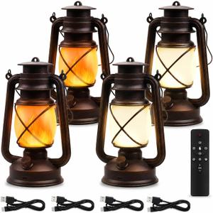 Rechargeable LED Lanterns 4 Pack, USB Charging Vintage Bronze Camping Lamps with Flickering Flame, Remote Control 4 Modes Hanging Lights for Patio Garden Porch Backyard Indoor Outdoor Halloween Decor