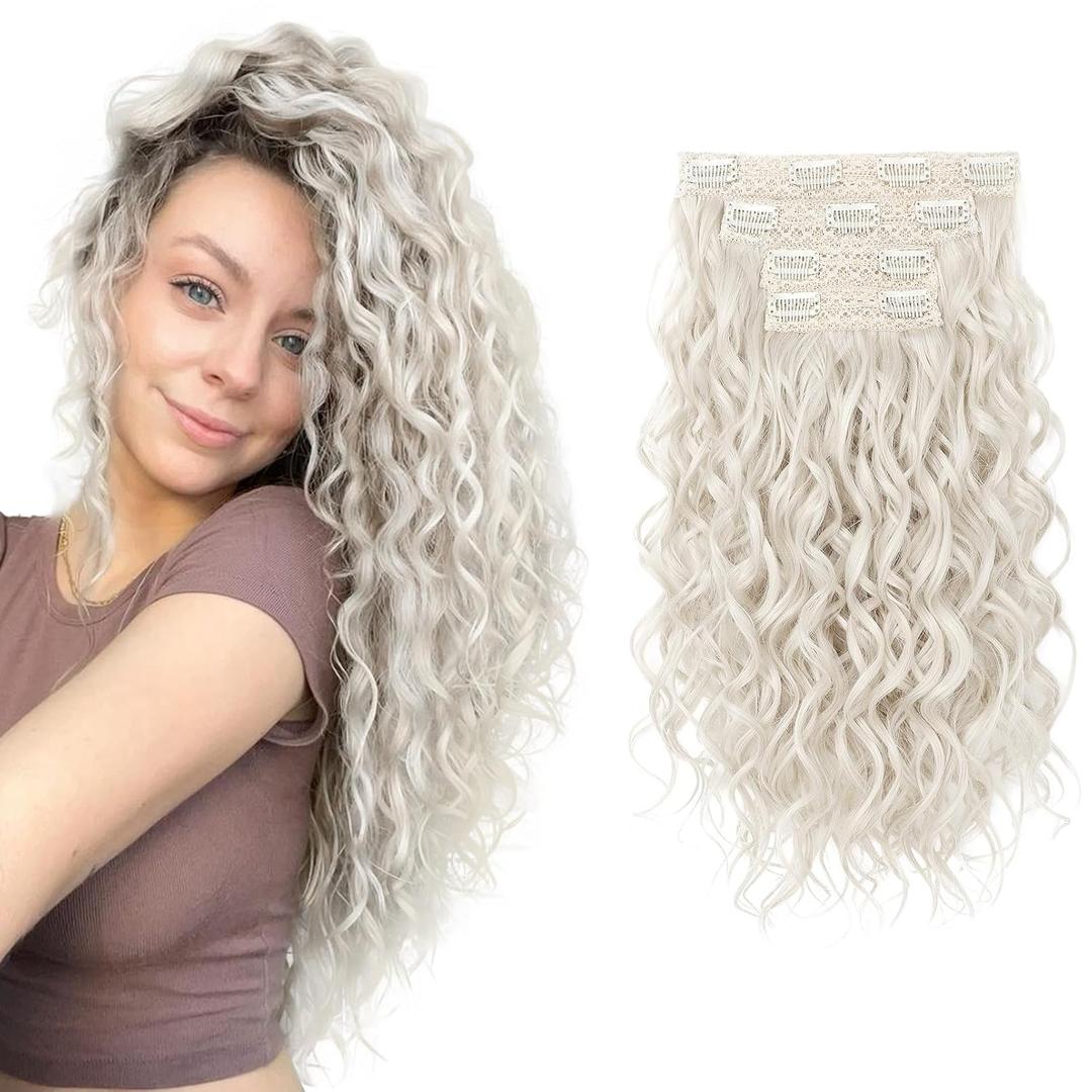 REECHO Curly Hair Extensions, 4PCS 16 inch Clip in Hair Extensions Lace Weft Short Curly Hair Extensions Clip Ins Invisible Natural Hairpieces for Women, Platinum Blonde