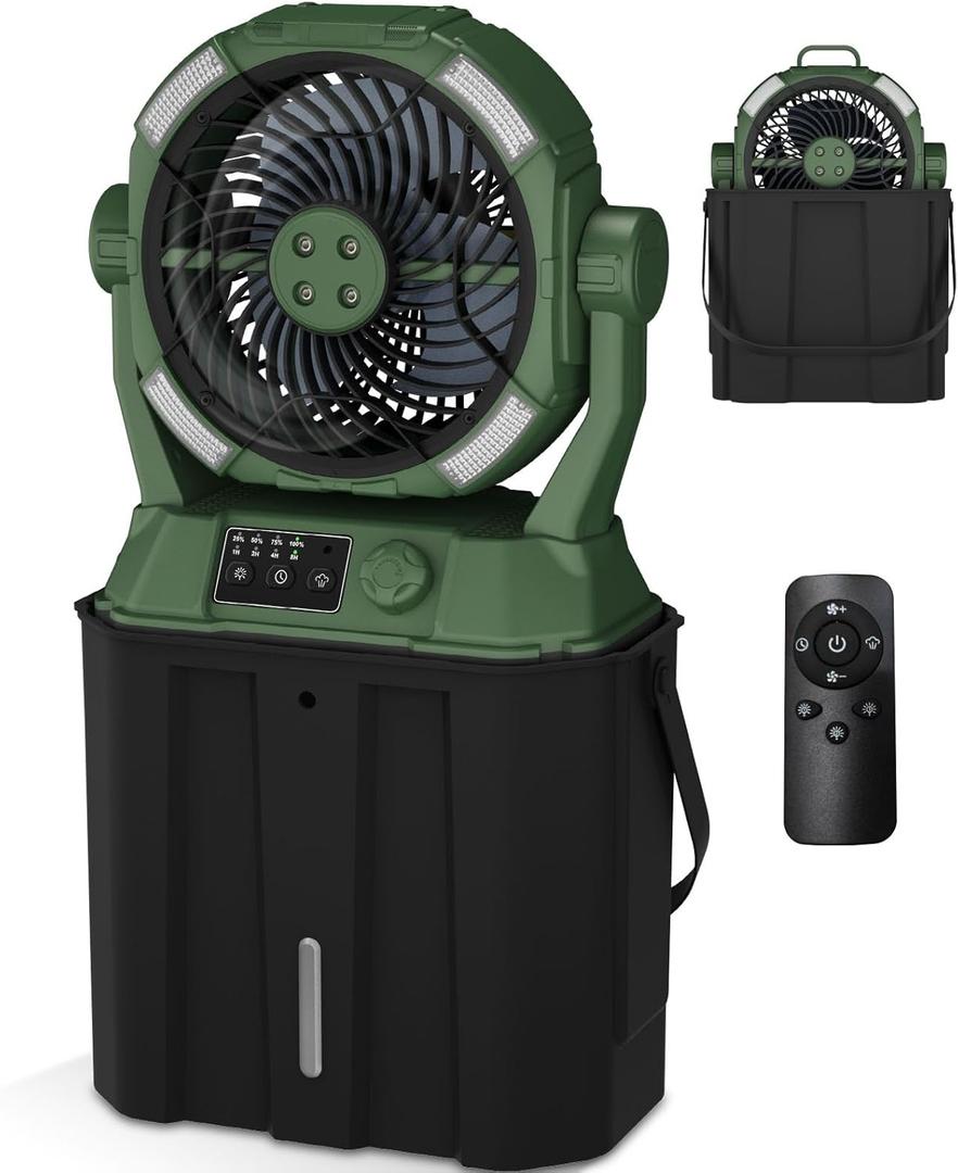 Misting Fan Portable Camping Fan 42800mAh Rechargeable with Remote Control, 3 LED Light & Stepless Speed Control & Cooling Spray with 6L Bucket, Timer Function, Portable Handle, Rotating Hanging Hook (Green)