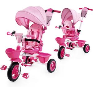 JMMD Baby Trike, 6-in-1 Kids Tricycle with Adjustable Push Handle, Removable Canopy, Safety Harness for 18 Months - 5 Year Old, Pink