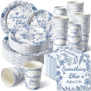 Zhehao 250 Pcs Something Blue Bridal Shower Plates Napkins Sets 50 Pcs 9'' Dinner Plates and 7'' Dessert Plate and 9oz Cups 100 Napkins Serves 50 Party Supplies Bridal Shower Engagement Decoration