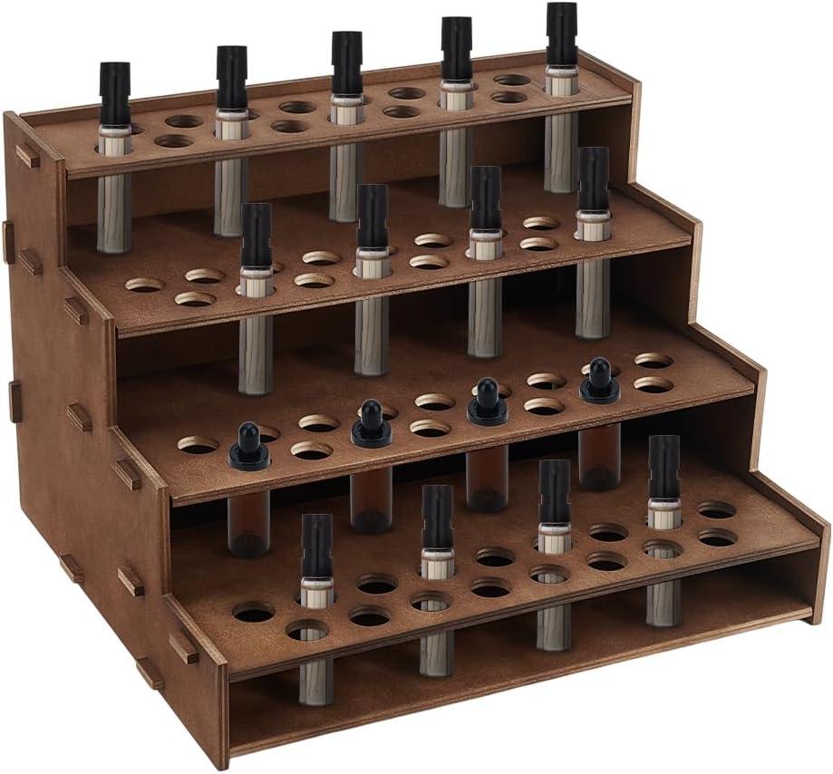 PH PandaHall 68 Holes Wooden Essential Oil Organizer Holder, 4-Tier Tabletop Essential Oil Display Stand Cosmetic Storage Organizer Vintage Wood Oil Perfume Rack for 3 4 5ml Rollers, Coconut Brown