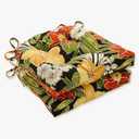 Pillow Perfect Tropic Floral Indoor/Outdoor Chairpad with Ties, Tufted, Weather, and Fade Resistant, 17" x 17.5", Black/Green Clemens, 2 Count