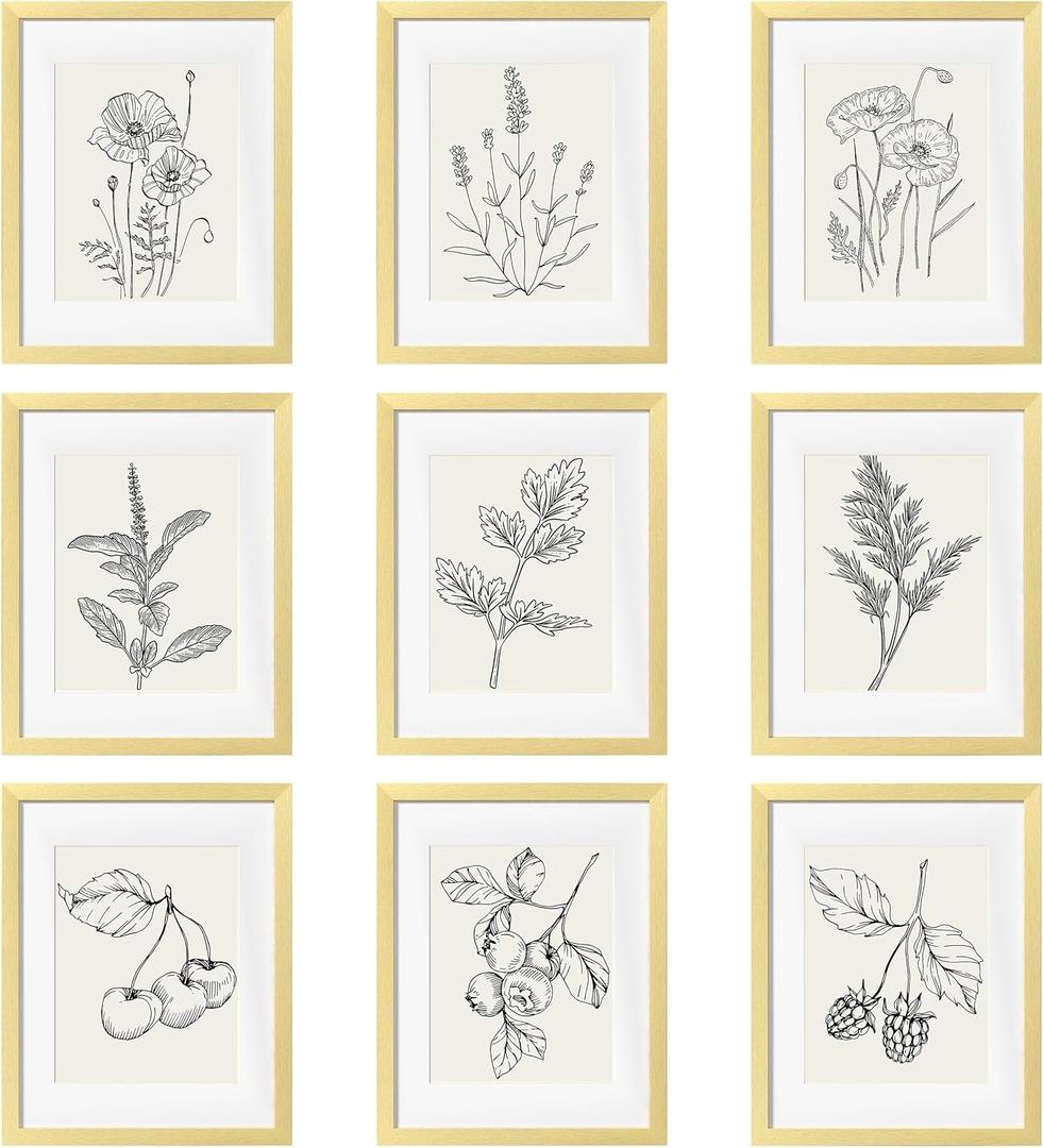 eletecpro 11x14 Picture Frames Set of 9 Modern Gallery Wall Frame Set, Displays 8x10 Photos with Mat or 11x14 No Mat, Gold Picture Frames Collage Wall Decor for Home Decor