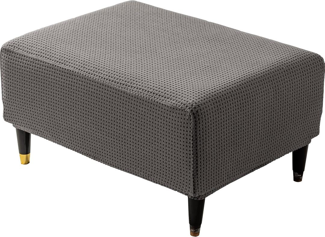 Stretch Ottoman Cover Rectangle, Jacquard Foot Stool Slip Cover, Storage Footstool Furniture Protector with Elastic Band, Footrest Slipcovers Removable Washable(Small,Grid Weave Grey)