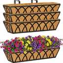 Y&M 4pcs 24 Inch Planter, Metal Window Boxes with Coco Liner, Indoor Outdoor Hanging Flower Planter for Garden, Lawn, Balcony, Porch, Fence, Patio Rail