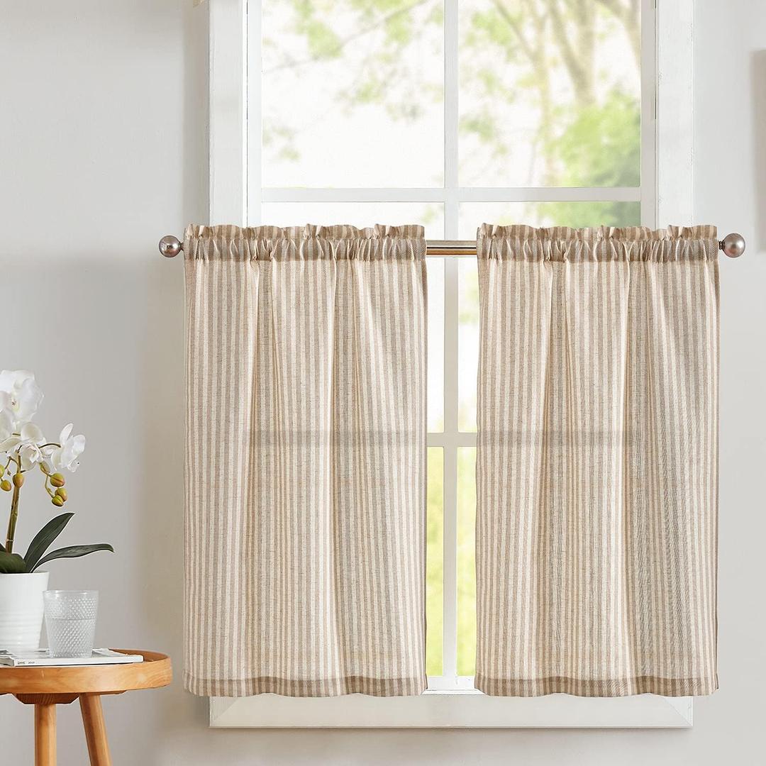 Vangao Stripe Farmhouse Kitchen Curtains 24 Inch Length Linen Cafe Curtains Tickingstripe Tier Drapes Pinstripe Semi-Sheer Window Treatments Rod Pocket 2 Panels Taupe on Beige