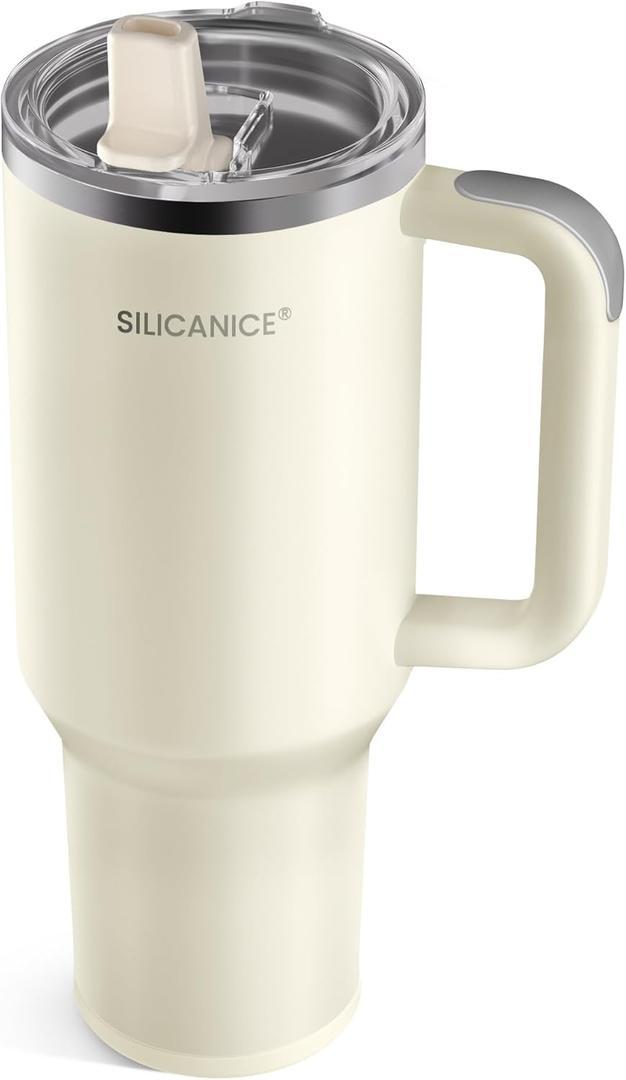 40 Oz Insulated Tumbler with Flip Straw Lid - 100% Leakproof, 100% Clean, Vacuum insulated Stainless Steel | BPA-Free, Handle & Cupholder Compatible - 24H Cold, Travel/Gym/Office (Cream)