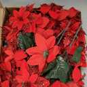 16 PCS Poinsettia Flower Artificial Poinsettias with Clips Christmas Decor Glitter Poinsettia Christmas Ornaments Xmas Tree Flower Decorations with Stems DIY Xmas Wreath Holiday Home Party Decor (Red + Red)