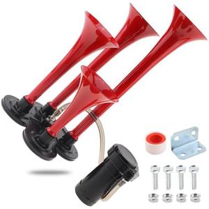 Train Horns Kit, 4 Trumpet Truck Air Horn Kit, 12V 185dB Super Loud Train Horns Four Trumpet Air Horns with Compressor for Vehicle Cars Trucks Pickup Trains Lorrys Boats, Red
