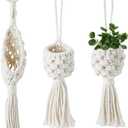 SUPERFINDINGS 3Pcs 3 Styles Macrame Wall Hanging Boho Decor Cotton Wall Hanging Basket Floral White Wall Mounted Woven Bag Tassels Handmade Yarn Art for Living Room or Home Dcor