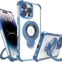 Magnetic case for iPhone 14 Pro with Full Camera Lens Protection(Compatible with MagSafe),Military Shockproof Slim Electroplate Bumper Clear Cover Built-in Invisible Ring Stand,Blue